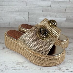 Kurt Geiger Sandals Golden Raffia Chelsea Chunky Flatforms Sandals Metallic New